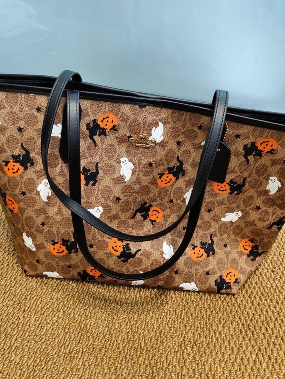 Coach Brown Signature Halloween Tote with Black Trim and Orange Accents